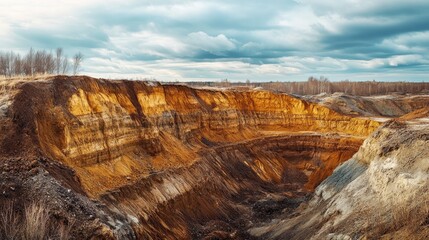 A large, layered sand quarry contrasts orange soil with a cloudy sky above. It represents resource extraction, geology, and landscape transformation themes.