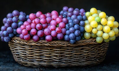 Colorful grape varieties in a wicker basket