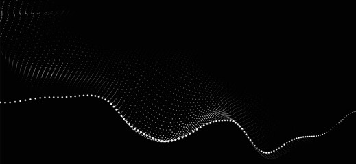Abstract background with dynamic black and white wave. Futuristic dotted wave of bright particles on dark background. Weave effect. Background for presentation design. Wide format 3D illustration.