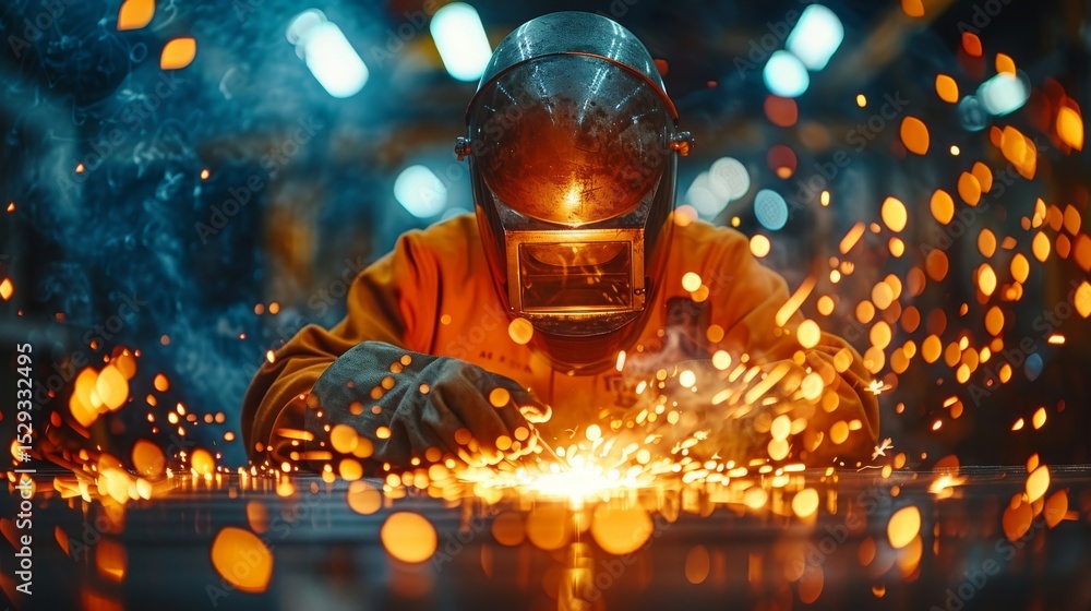 Aufkleber a welder is hard at work in an industrial setting, creating a cascade of sparks that illuminate the 