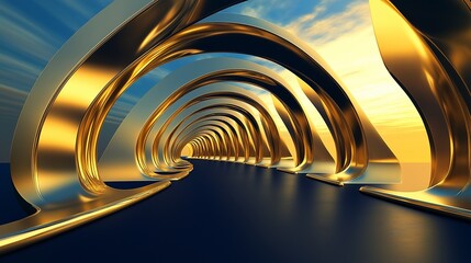 A magnificent abstract architecture design with grand, curved arches in luxurious gold and deep royal blue.