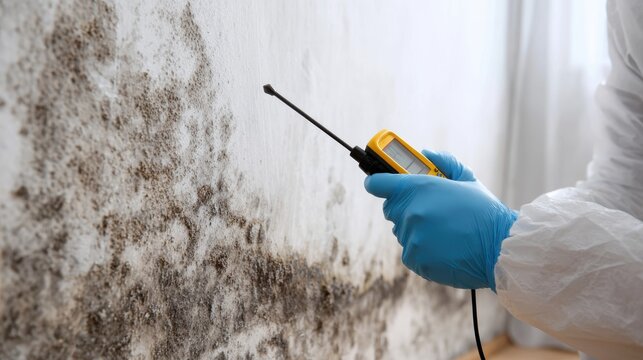 Mold inspection in residential property with professional using measuring tool on wall during daylight hours