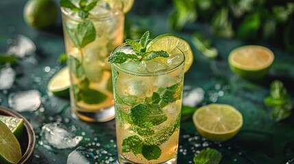 Fototapeta premium Two refreshing mint and lime drinks with ice cubes are beautifully presented, showcasing summer vibes and the essence of relaxation and indulgence.