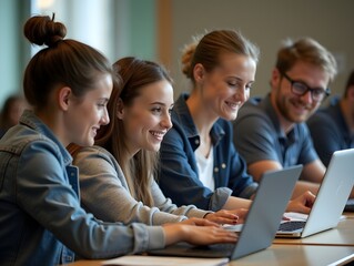 Group of students using laptop computer during class at university. Education and technology concept.