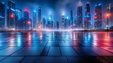 A mesmerizing cityscape at night, with a sleek, polished plaza leading toward an array of skyscrapers glowing in radiant blue, red, and white lights. 