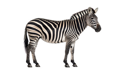 Obraz premium A zebra in profile view with distinct black and white stripes, isolated on transparent background, sharp edges, full-body shot