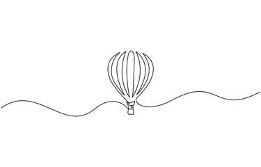 Hot Air Balloon in one continuous line drawing, Minimalist black linear design isolated on white background, concept in simple linear style. Editable stroke. Doodle vector illustration.
