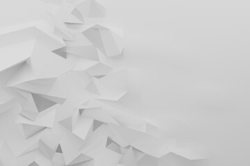Dynamic 3D abstract geometric background featuring white polygonal shapes as mountains. Minimalist border with copy space for text. 3D rendering pattern in modern tech design.
