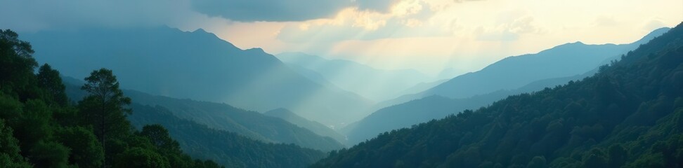 Fototapeta premium Misty peaks, dark green forests, brooding clouds , mist, peak