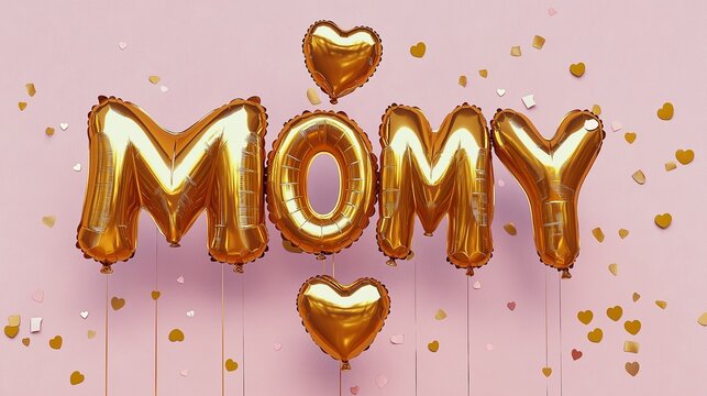 A set of golden foil balloons spelling "MOM" in large letters, alongside a heart-shaped balloon, floating in the air. The background is a smooth, soft pink with scattered confetti.