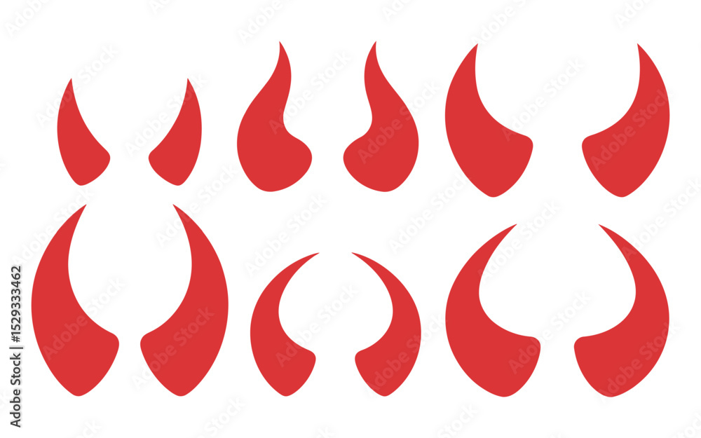 Poster vector illustration of red devil horns in various sizes and shapes arranged in two rows on a white b