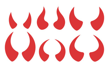 Vector Illustration of Red Devil Horns in Various Sizes and Shapes Arranged in Two Rows on a White Background