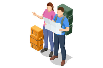 Isometric illustration of two backpackers with trekking poles studying a large topographic map dotted with location pins, planning their hiking adventure.