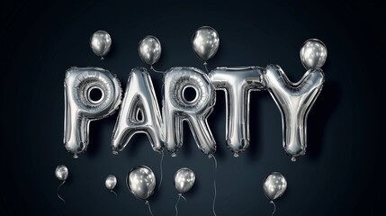 A stylish digital vector design featuring the word "PARTY" written in metallic silver foil balloons, floating with a shiny, reflective chrome-like finish. 