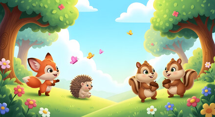 Whimsical Forest Landscape with Cute Animals Playing