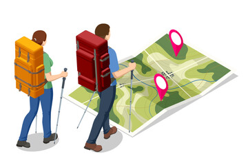 Isometric illustration of two backpackers with trekking poles studying a large topographic map dotted with location pins, planning their hiking adventure.