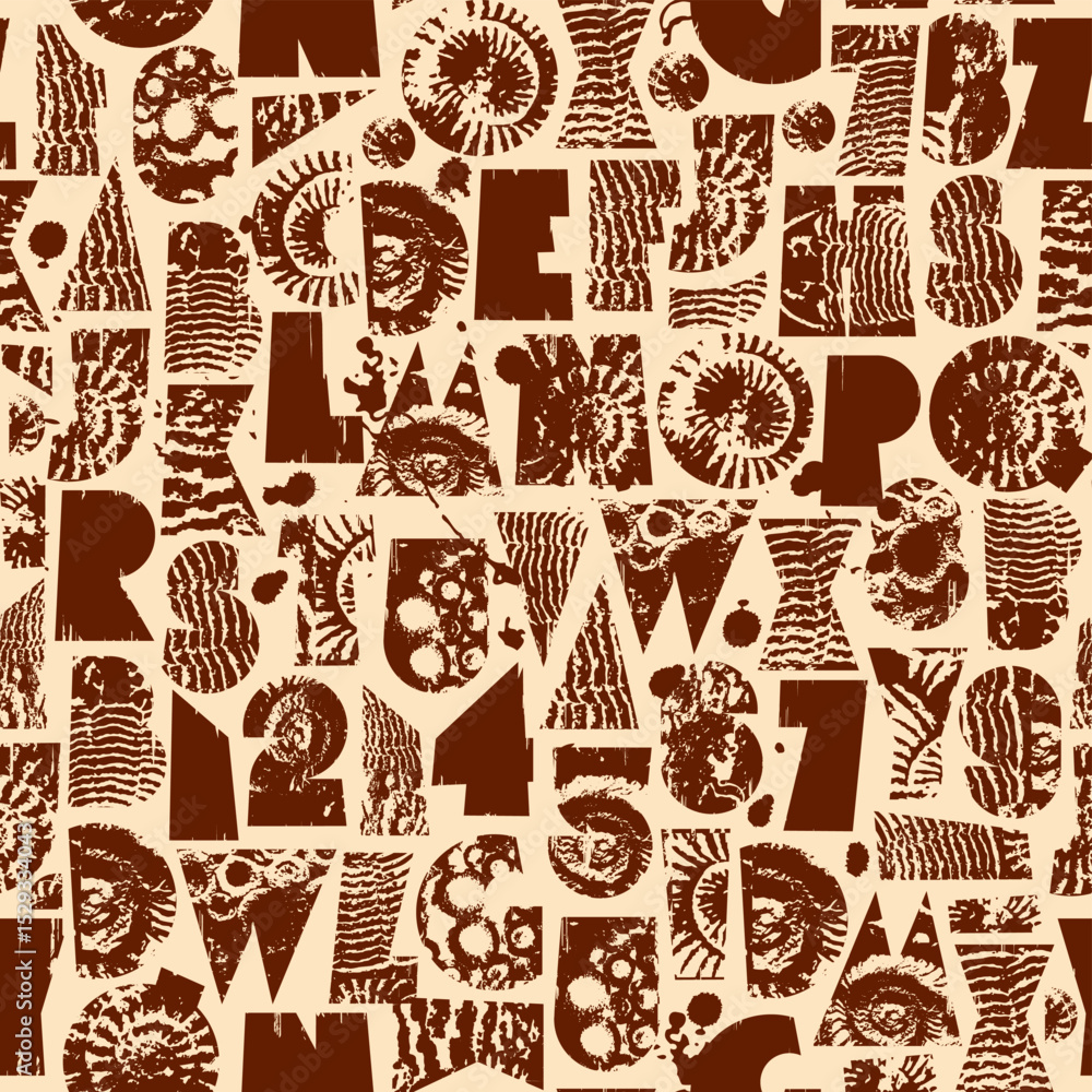 Aufkleber abstract vector seamless pattern with font consisting of geometric shapes with texture, shells on th