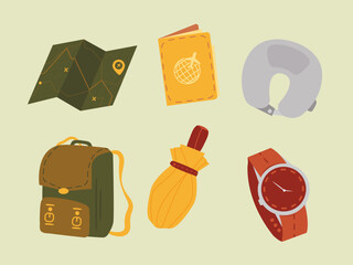 Set of Hiking Equipment. Items for Summer Camping, Trekking. Travel
