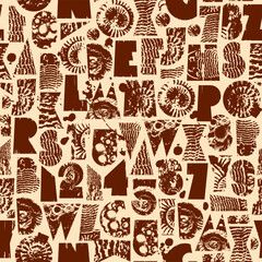 Abstract vector seamless pattern with font consisting of geometric shapes with texture, shells on the theme of paleontology and confectionery. Fabric, textile, tile, wallpaper, chocolate design. No AI