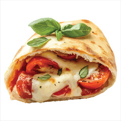 Delicious calzone with tomato mozzarella and basil isolated on white background