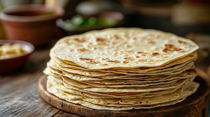 Neatly stacked tortillas placed on a wooden table. 