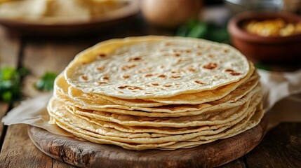 Neatly stacked tortillas placed on a wooden table. 