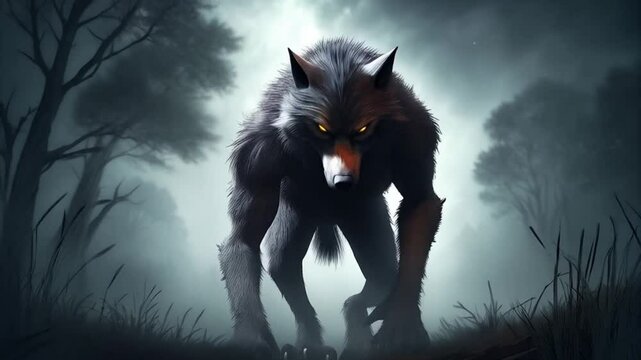 Dangerous werewolf walking towards camera in foggy dark forest at night
