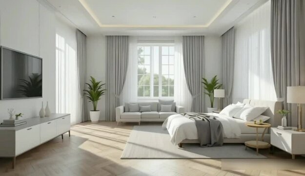3D render animation of a contemporary white bedroom and living area  Natural light floods the space, which features a parquet floor, light gray cloth furnishings, and translucent white draperies.