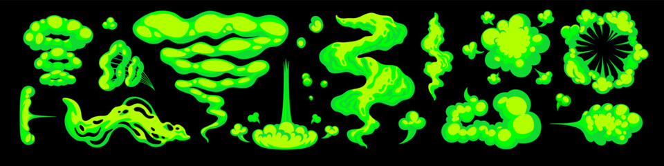 Smell cloud with fluorescent green cartoon smoke on black background. Bad gas and vapor vector elements in flat design. Ideal for stickers, humor, or gross-out visuals
