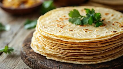 Neatly stacked tortillas placed on a wooden table. 
