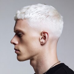 Platinum blonde buzz cut hairstyle for men trendy short hair bleached hair fashion male model side profile