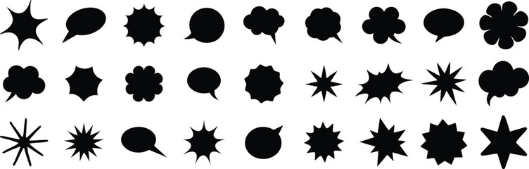 Comic speech bubble, star and text box silhouettes in vector style set on transparent background