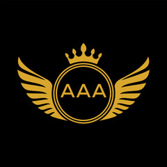 AAA Royal Golden Wing Logo with Crown and Initials - Premium Brand Identity Design on Black Background. AAA Letter Logo.
