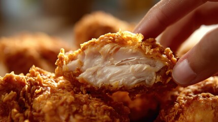A person is holding a piece of fried chicken