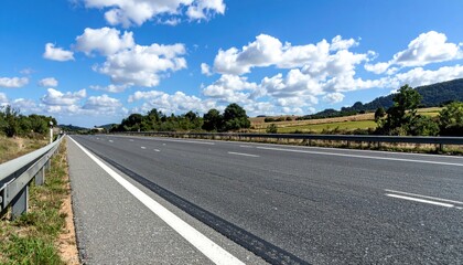 Scenic highway with countryside backdrop under a partly cloudy summer sky