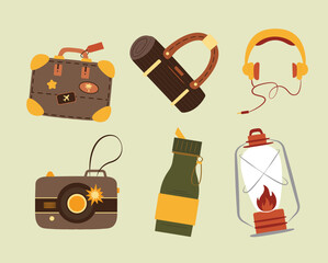 Set of Hiking Equipment. Items for Summer Camping, Trekking. Travel