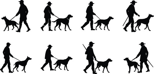 Silhouettes of man with hunting dog vector set on transparent background