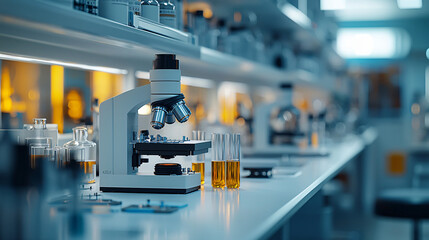 High-Quality Microscope in Modern Laboratory with Glassware and Chemicals