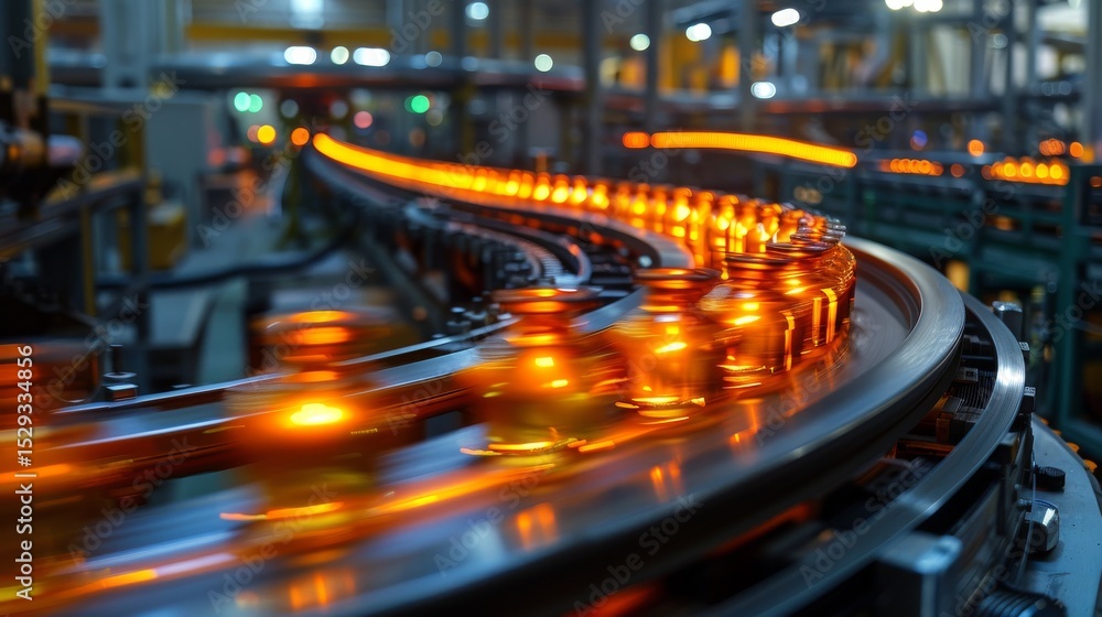 Aufkleber a dynamic assembly line in an industrial setting where orange-lit bottles move swiftly along the con