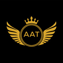 AAT Royal Golden Wing Logo with Crown and Initials - Premium Brand Identity Design on Black Background. AAT Letter Logo.
