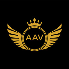 AAV Royal Golden Wing Logo with Crown and Initials - Premium Brand Identity Design on Black Background. AAV Letter Logo.
