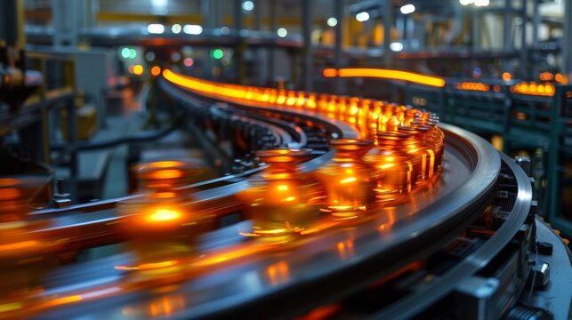 A dynamic assembly line in an industrial setting where orange-lit bottles move swiftly along the conveyor belt, capturing the essence of modern manufacturing efficiency.