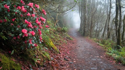 A tranquil path nestled in the woods invites exploration. Mist shrouds the vibrant flowers enhancing the serene scene. Nature awaits your adventure. Generative AI