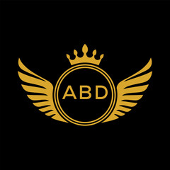 ABD Royal Golden Wing Logo with Crown and Initials - Premium Brand Identity Design on Black Background. ABD Letter Logo.
