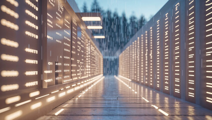 Futuristic data center perspective with illuminated walls and rain falling over a path