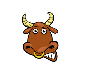 Funny Cartoon Bull Face with Ring in Nose and Big Teeth Ready to Charge