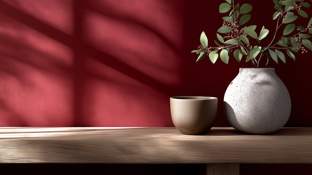 Minimal Luxury Table Scene with Dark Red Textured Wall and Natural Light Shadows, luxury background, red textured wall, minimal table setup, natural light shadows, moody interior, premium product disp