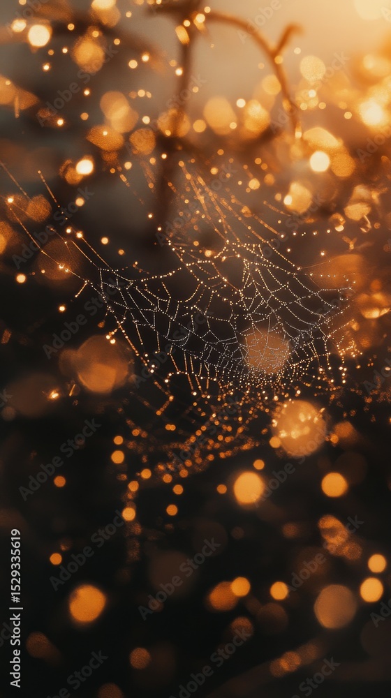 Wall mural a stunning close-up of a delicate spider web glistening in the evening light. the warm bokeh effect 