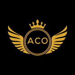 ACO Royal Golden Wing Logo with Crown and Initials - Premium Brand Identity Design on Black Background. ACO Letter Logo.

