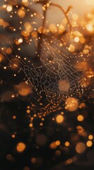 A stunning close-up of a delicate spider web glistening in the evening light. The warm bokeh effect adds depth and intrigue to this natural masterpiece. Generative AI